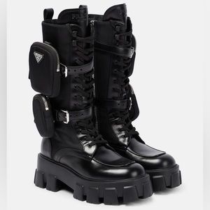 Prada Tall Leather Combat Boot with Removable Pouches